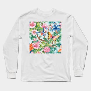 Modern chinoiserie flowers, birds and butterflies pattern Long Sleeve T-Shirt